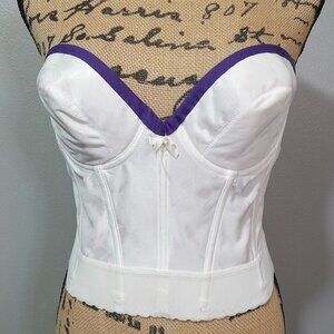 Wynette by Valmont White Corset Bustier Padded Bra Purple Trim Size 36C